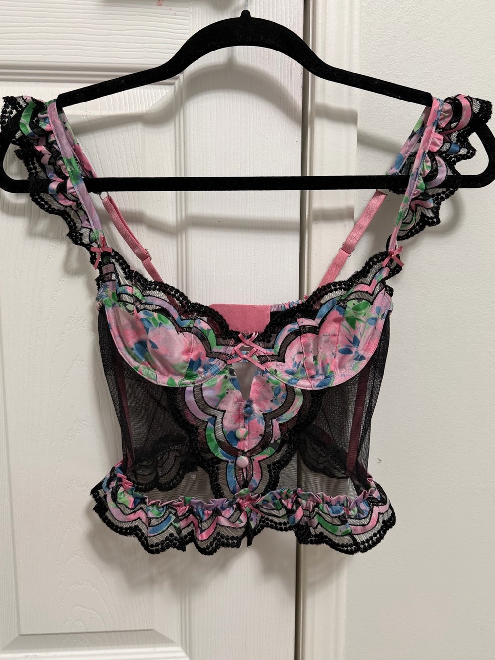 Floral Pink & Black Lace Bustier Crop Top